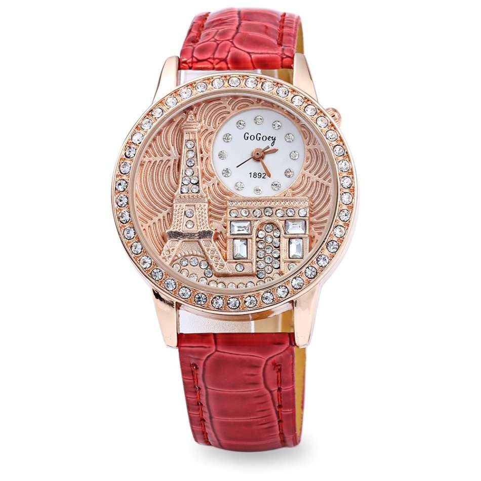 Gogoey 1892 Women Rhinestone Quartz Watch Eiffel Tower Embossment Pattern
