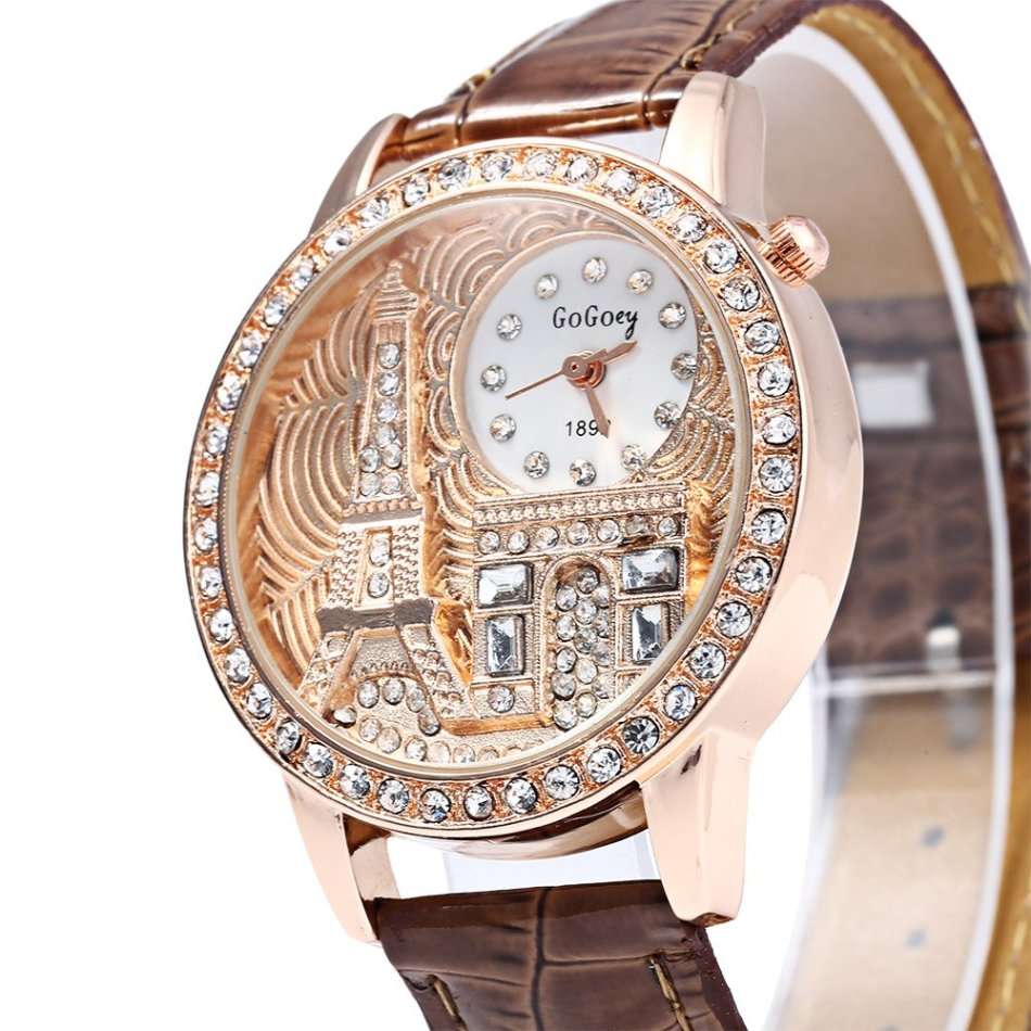 Gogoey 1892 Women Rhinestone Quartz Watch Eiffel Tower Embossment Pattern