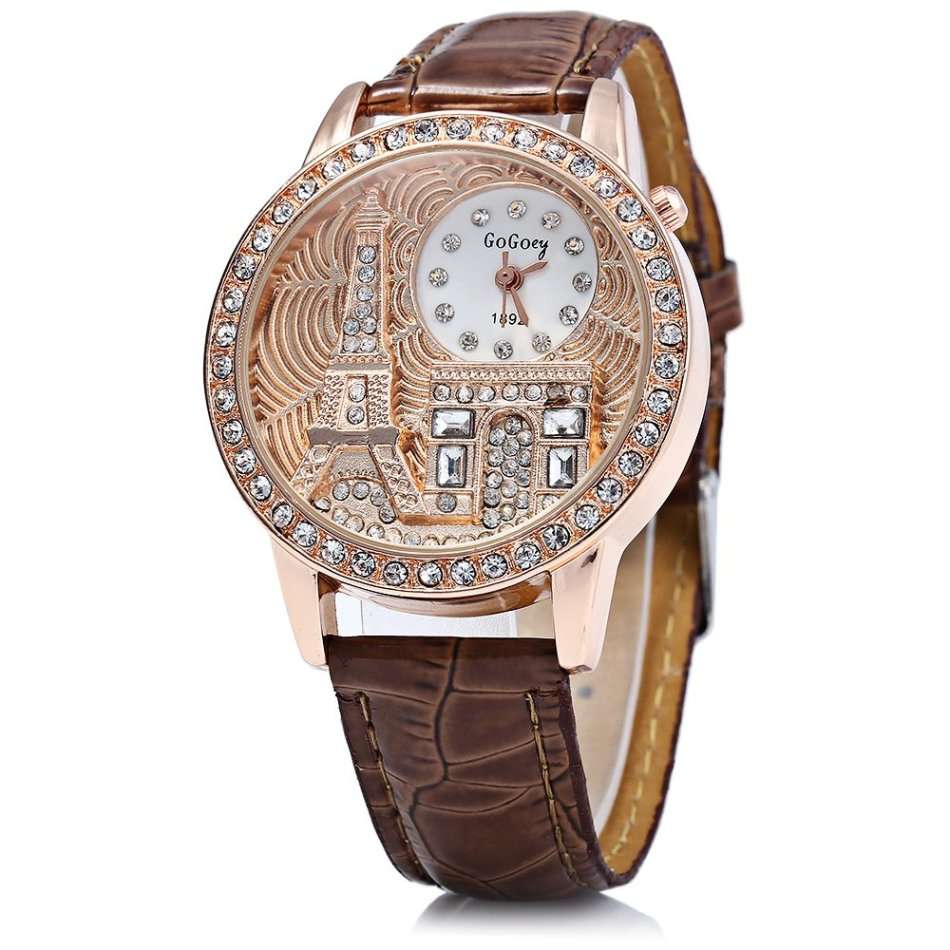 Gogoey 1892 Women Rhinestone Quartz Watch Eiffel Tower Embossment Pattern