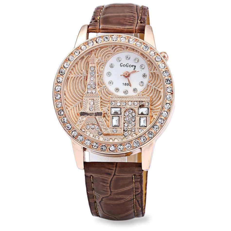 Gogoey 1892 Women Rhinestone Quartz Watch Eiffel Tower Embossment Pattern