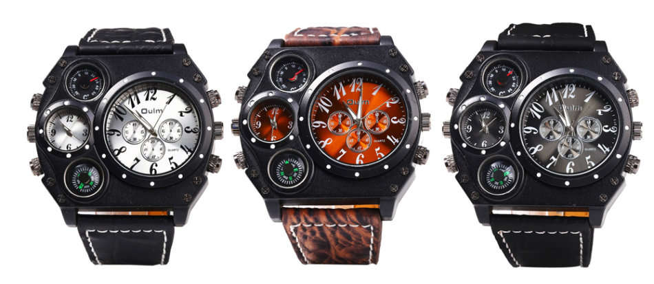 Oulm Male Double Movt Watch Leather Strap with Compass and Decorative Thermometer