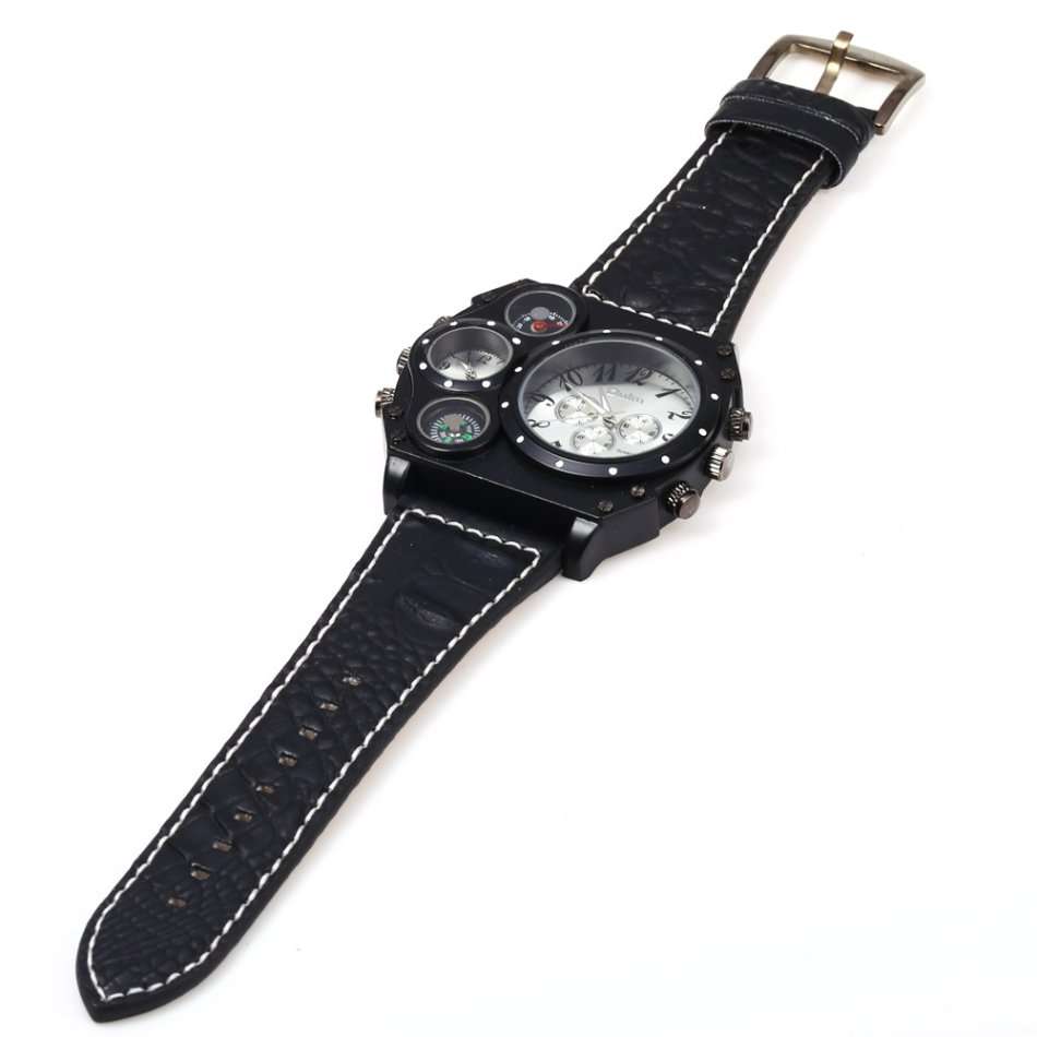 Oulm Male Double Movt Watch Leather Strap with Compass and Decorative Thermometer