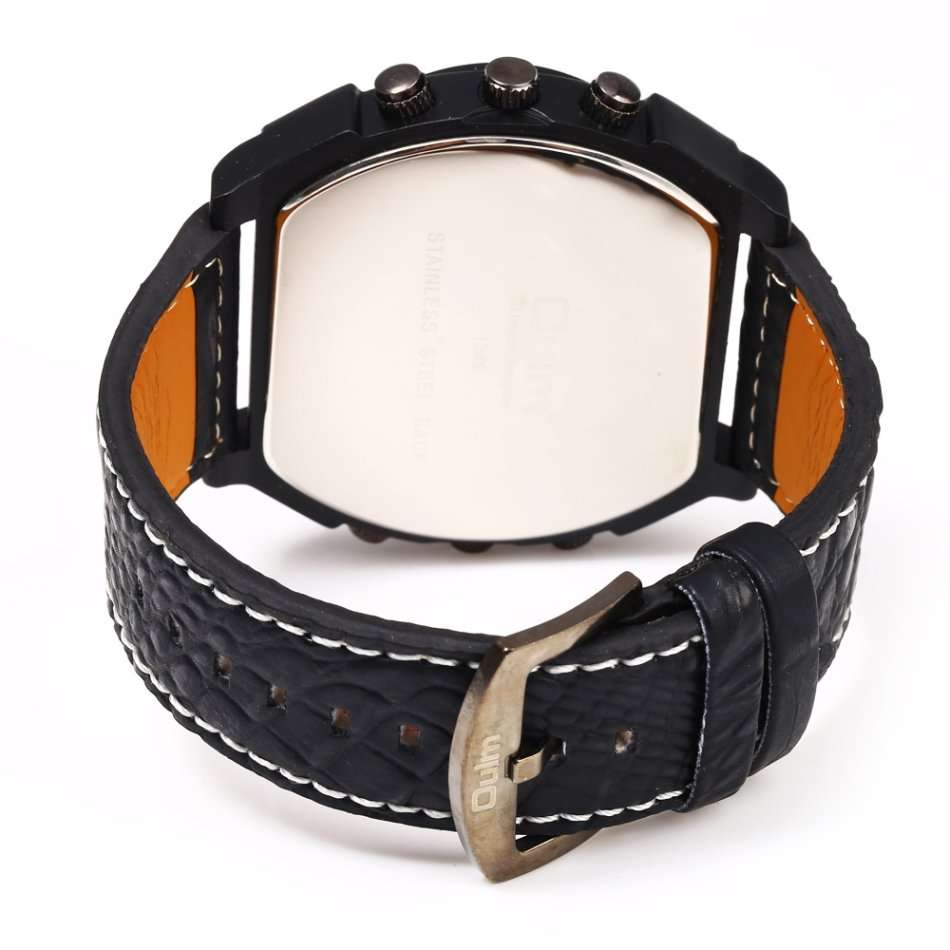 Oulm Male Double Movt Watch Leather Strap with Compass and Decorative Thermometer