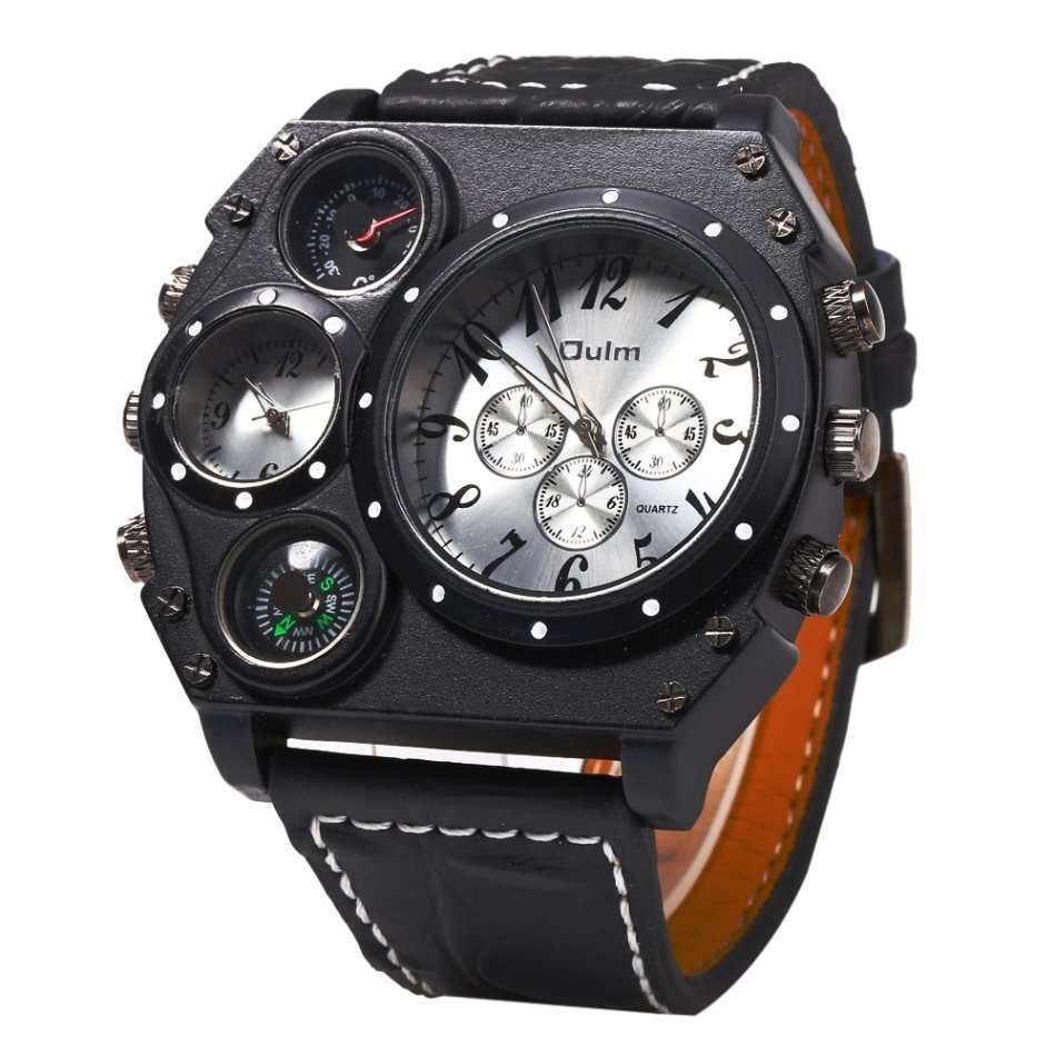 Oulm Male Double Movt Watch Leather Strap with Compass and Decorative Thermometer