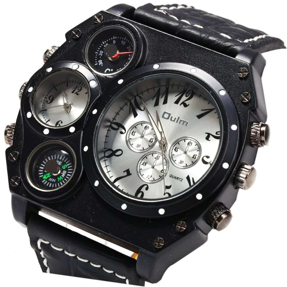 Oulm Male Double Movt Watch Leather Strap with Compass and Decorative Thermometer