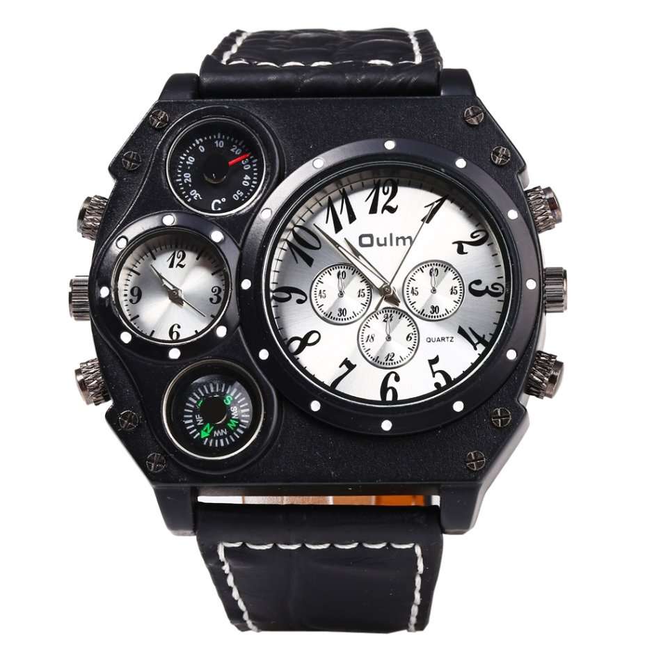 Oulm Male Double Movt Watch Leather Strap with Compass and Decorative Thermometer