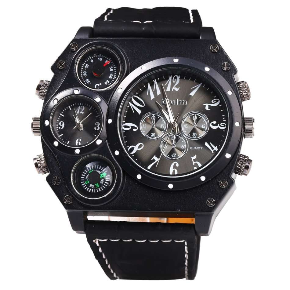 Oulm Male Double Movt Watch Leather Strap with Compass and Decorative Thermometer