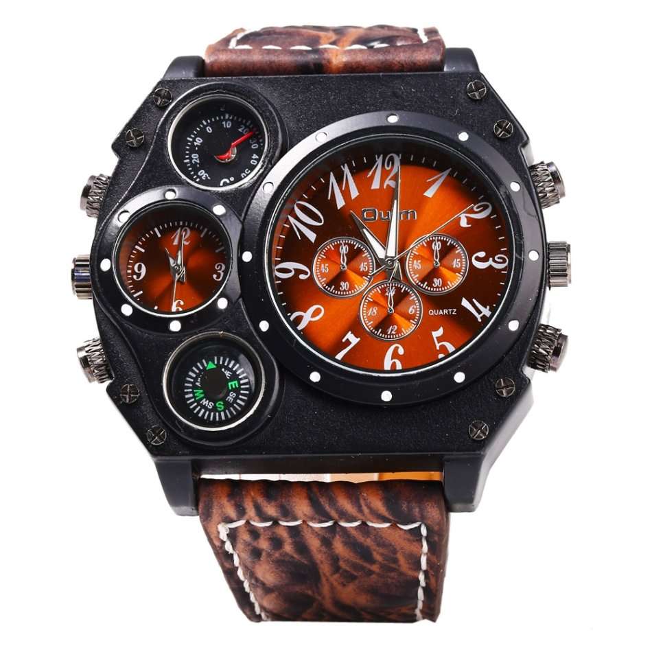 Oulm Male Double Movt Watch Leather Strap with Compass and Decorative Thermometer