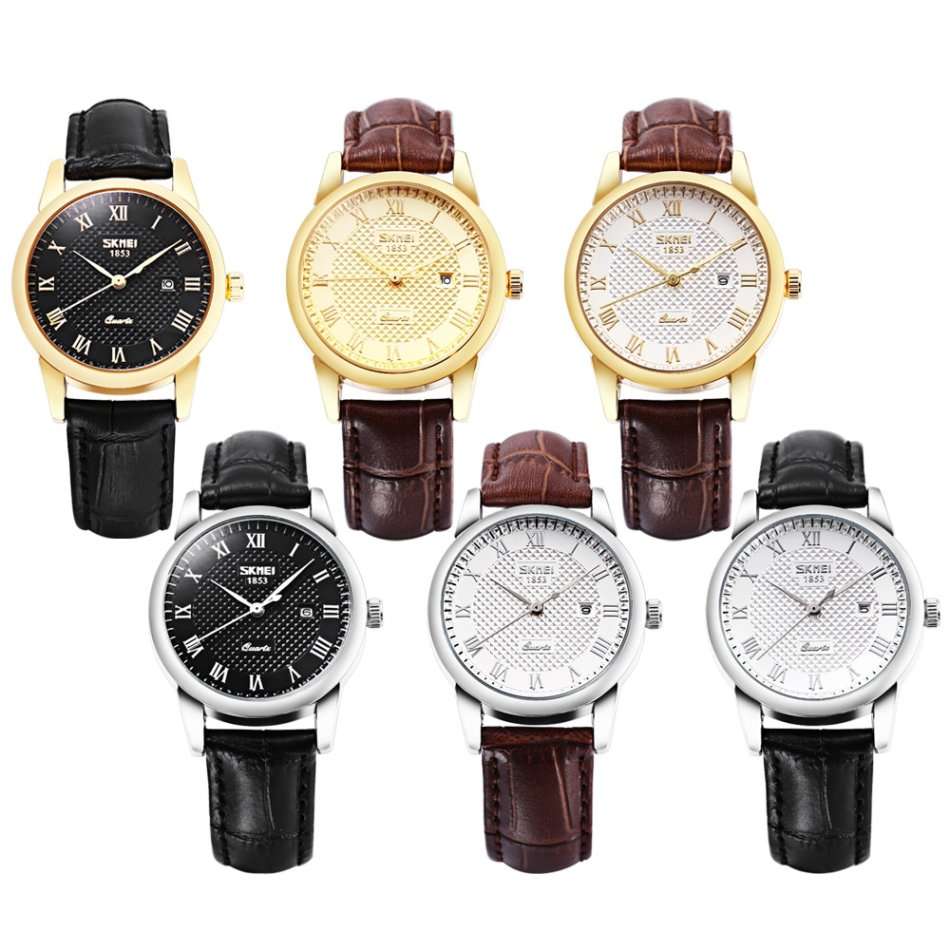 SKMEI 1853 Female Quartz Watch Genuine Leather Band Date Display 30m Water Resistance Wristwatch