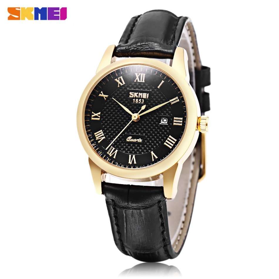 SKMEI 1853 Female Quartz Watch Genuine Leather Band Date Display 30m Water Resistance Wristwatch