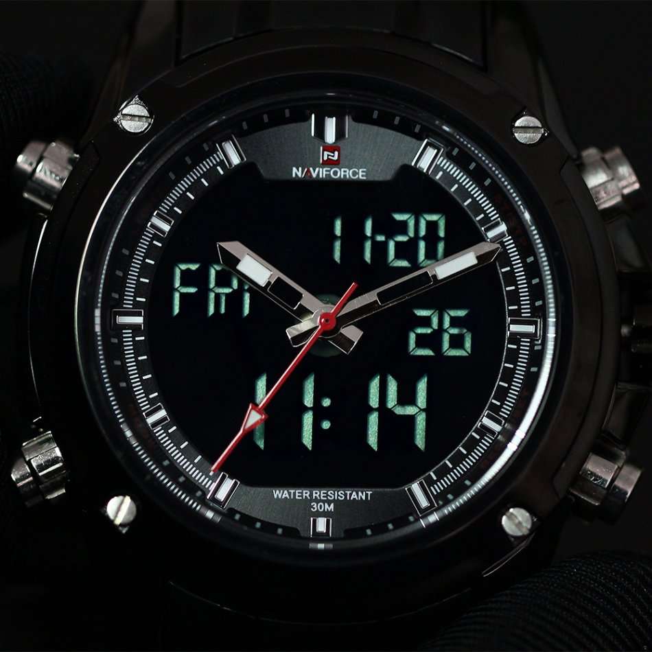 NAVIFORCE NF9050 Luxury Dual Movt Men Quarz Watches Analog Digital LED Sport Military Wrist Watch