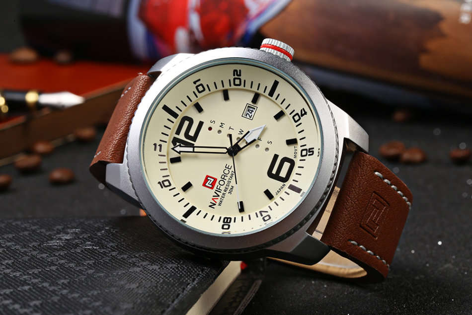 NAVIFORCE NF 9063M Male Quartz Watch Black Case Calendar Display Dial Leather Band Wristwatch