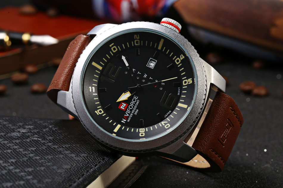 NAVIFORCE NF 9063M Male Quartz Watch Black Case Calendar Display Dial Leather Band Wristwatch