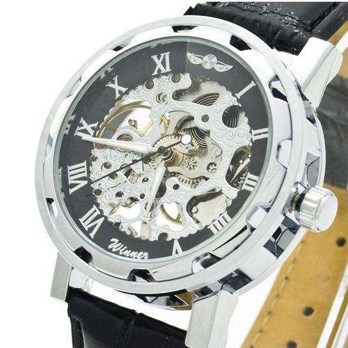 Classic Men's Black Leather Silver Dial Skeleton Mechanical Sport Wrist Watch