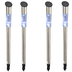 SET OF 4 STAINLESS STEEL SOLAR GARDEN LIGHTS.