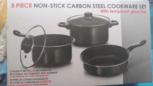 5 Piece NON STICK CARBON STEEL COOKWARE Set With Tampered Glass Lids