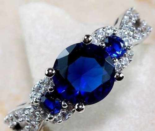 1CT Blue Sapphire & White Topaz 925 Solid Genuine Sterling 925 sterling silver Ring