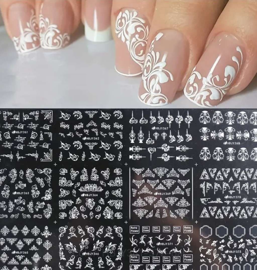 12pcs 3D Nail Stickers (White Flower Leaf Lace Design)