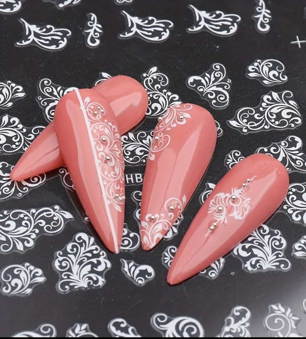 12pcs 3D Nail Stickers (White Flower Leaf Lace Design)