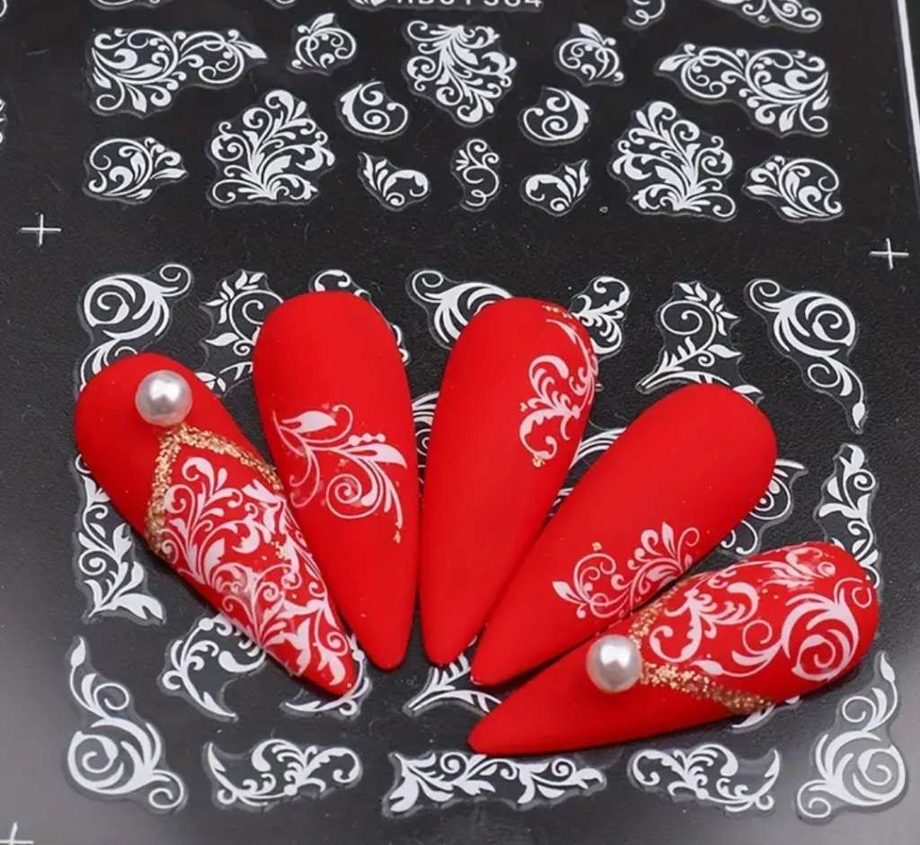 12pcs 3D Nail Stickers (White Flower Leaf Lace Design)