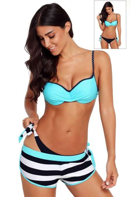 Wrinkled Bra Striped Bikini Bottom Swimsuit   - S/M/L/XL