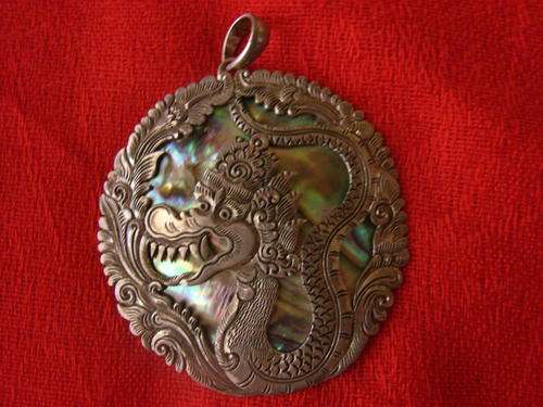 Handcrafted dragon sterling silver pendant mother of pearl inlay