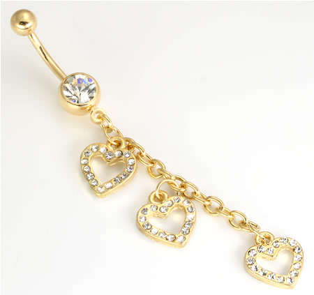 Single Gem Navel GOLD TONE with TRIPLE Heart Crystal Jewels