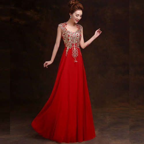 Women's Elegant Blue V-Neck Patchwork ChiffonChiffon Floor-Length Evening Dress