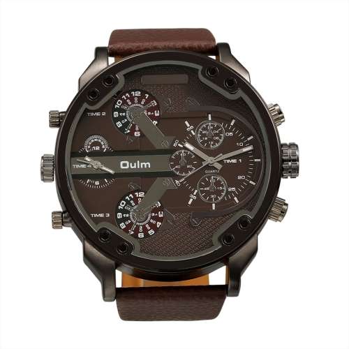 OULM Fashion Oversized Dual Dial Display Time Chronograph PU Leather Band Men's Watch