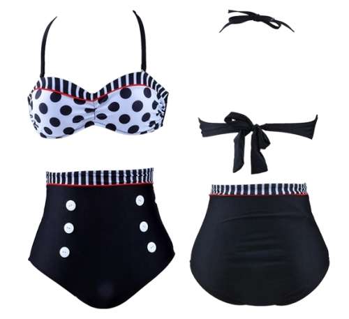 Black Women's Cutest Retro Swimsuit Vintage Pin Up High Waist Bikini Set Swimwear