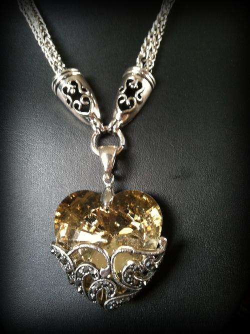 STUNNING TIBETAN SILVER  CHAMPAGNE HEART PENDANT FANCY NECKLACE