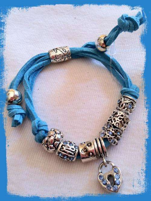 TERQUOISE LEATHER STRAP PARDORA BEADS BRACELET ADJUSTABLE