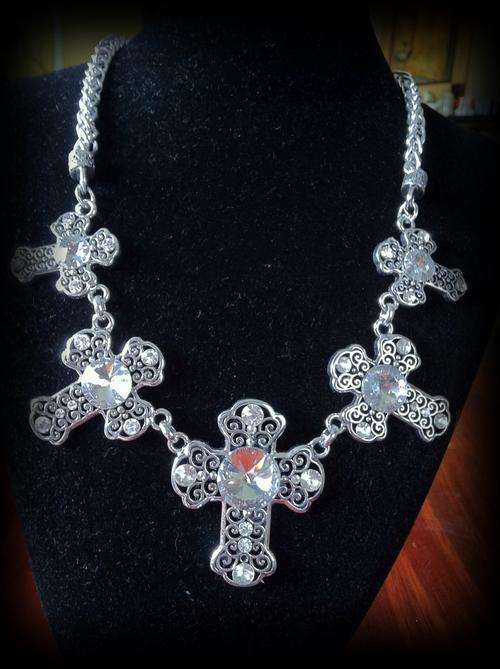 STUNNING TIBETAN SILVER DIAMANTE CROSS NECKLACE