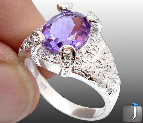 GENUINE DIAMOND & PURPLE AMETHYST IN SOLID 925 STERLING SILVER RING ; SIZE 6,5