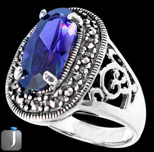 GENUINE MARCASITE and PURPLE AMETHYST IN SOLID925 STERLING SILVER RING :SIZE 7.5