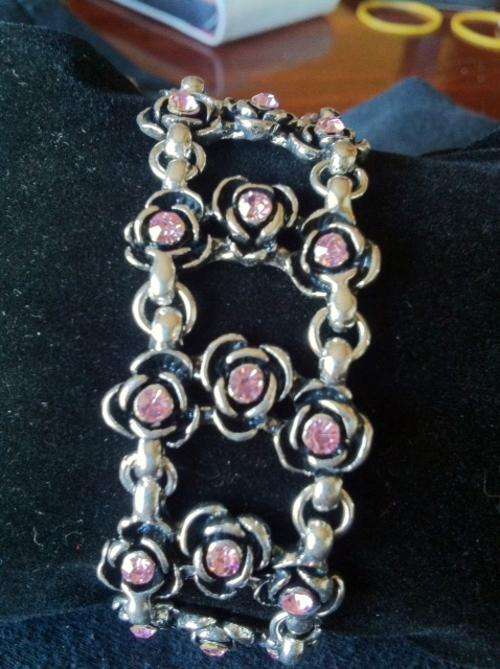 STUNNING PINK RHINESTONE WIDE TIBETAN SILVER FLORAL BRACELET