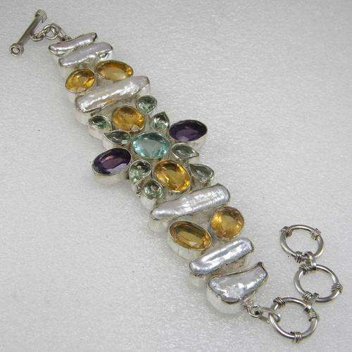 Amethyst, Citrine, Blue Topaz, Biwa Pearl, Quartz in 925 Silver Electroplated Bracelet