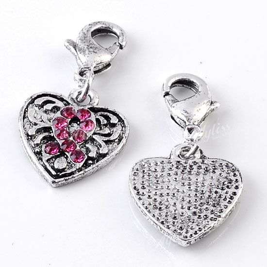 Silver Plate Crystal RIBBON Heart Clip On Charms