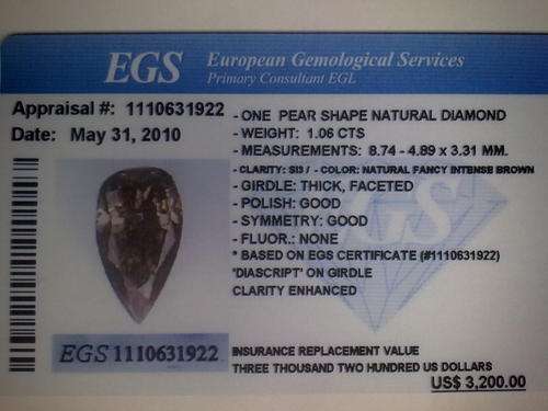 EGL/EGS CERTIFIED 1.06 FANCY INTENSE BROWN PEAR DIAMOND