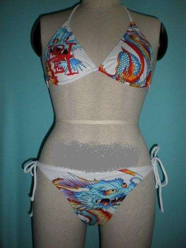 STUNNING WHITE & ORANGE DRAGON ED HARDEY BIKINI SMALL