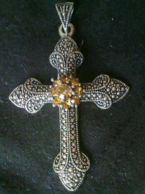 STUNNING NEW TIBETAN SILVER MARCAZITE LOOK BROWN CROSS PENDANT
