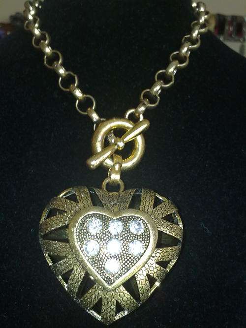 GOLD TONE TIBETAN SILVER  NECKLACE LARGE HEART PENDANT