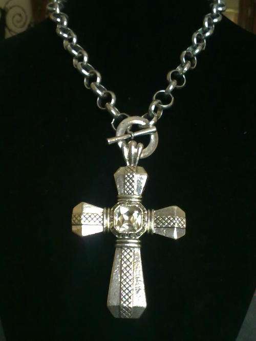 LARGE TIBETAN SILVER CRYSTAL CROSS PENDANT ON ROLO  NECKLACE