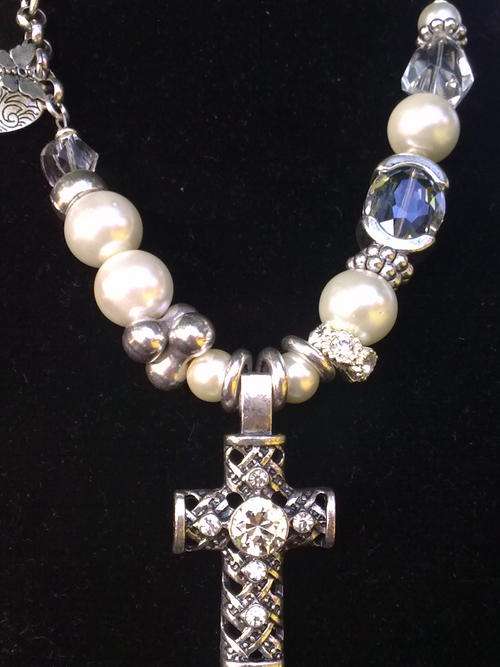 AS SEEN IN POPULAR CATALOGS: STUNNING!!! TIBETAN SILVER FANCY CROSS PEARLY NECKLACE