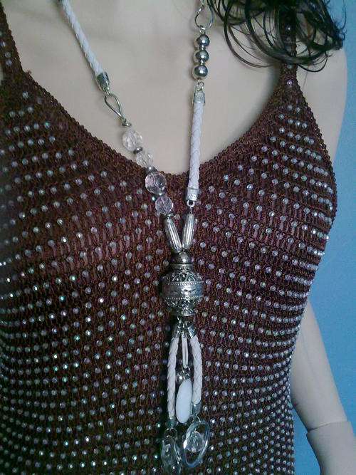 *R180* EXCLUSIVELY FROM 2010 HADASSAH COLLECTION TIBETAN SILVER LONG WHITE LEATHER NECKLACE