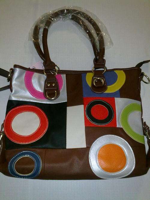 STUNNING DESIGNER COLORFULL BROWN LEATHER HANDBAG