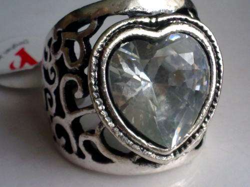 TIBETAN SILVER DIAMANTE HEART RING 22 mm