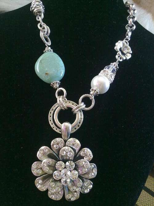 STUNNING!!! CRYSTAL FLOWER TIBETAN SILVER TURQUOISE NECKLACE