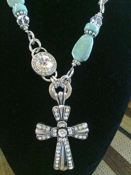 STUNNING!!! CRYSTAL CROSS TIBETAN SILVER TURQUOISE NECKLACE