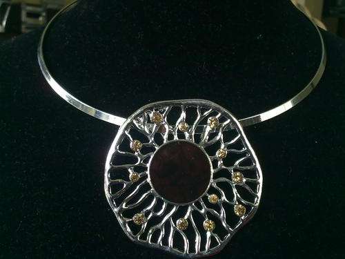 STUNNING ROUND BROWN STONES TIBETAN SILVER AMULET ON CHOKER